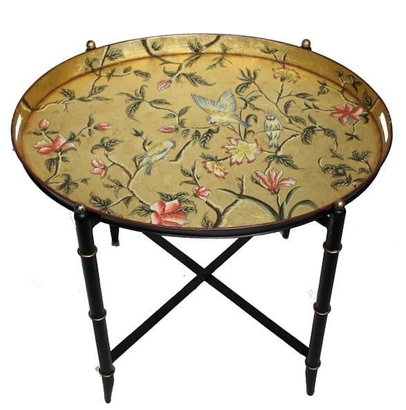 Hand-painted Chinoiserie gilt tray on black folding stand with birds and floral design by Decorexi.