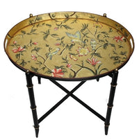 Hand-painted Chinoiserie gilt tray on black folding stand with birds and floral design by Decorexi.