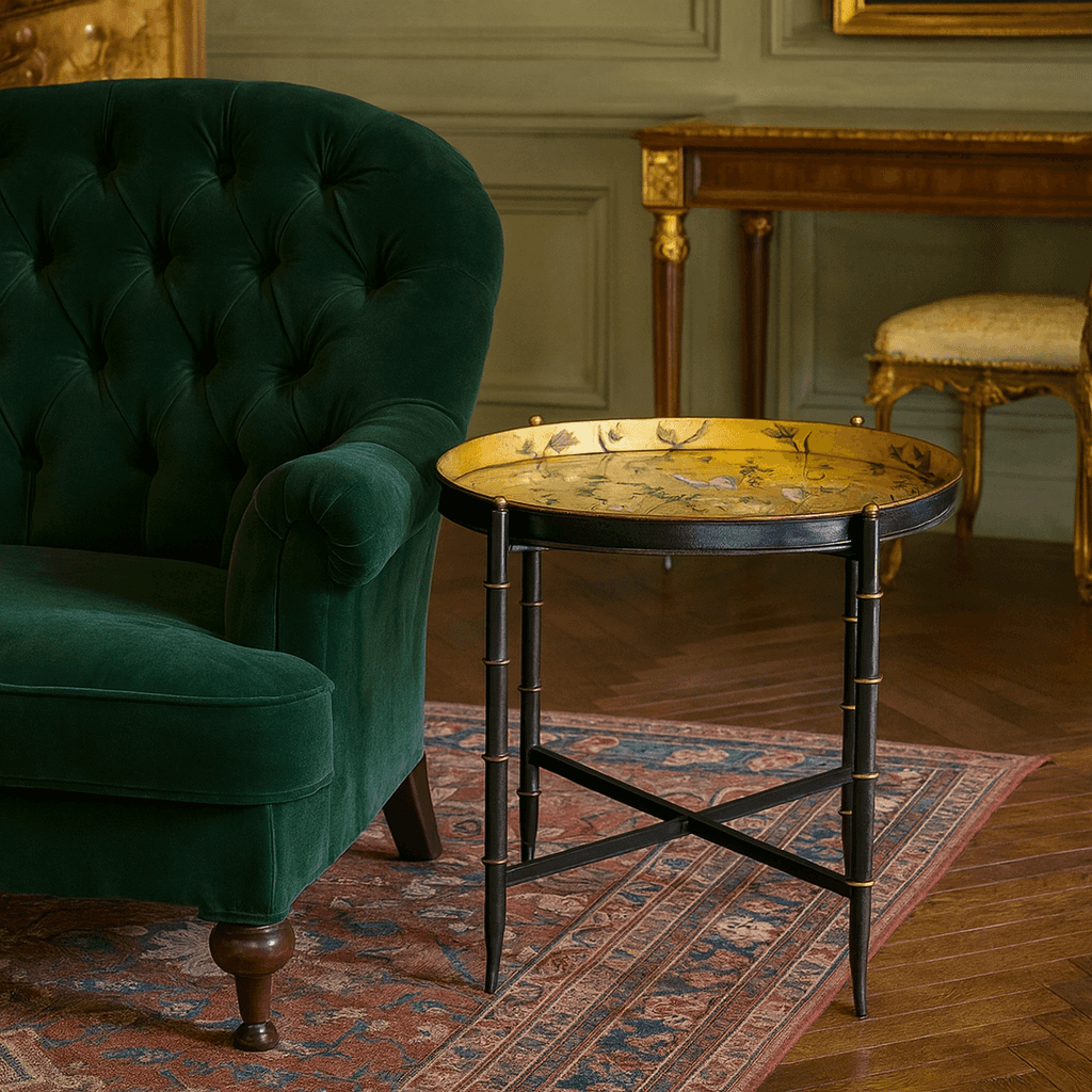 Hand-painted Chinoiserie gilt tray on black folding stand with birds and floral design by Decorexi.
