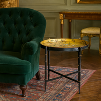 Hand-painted Chinoiserie gilt tray on black folding stand with birds and floral design by Decorexi.