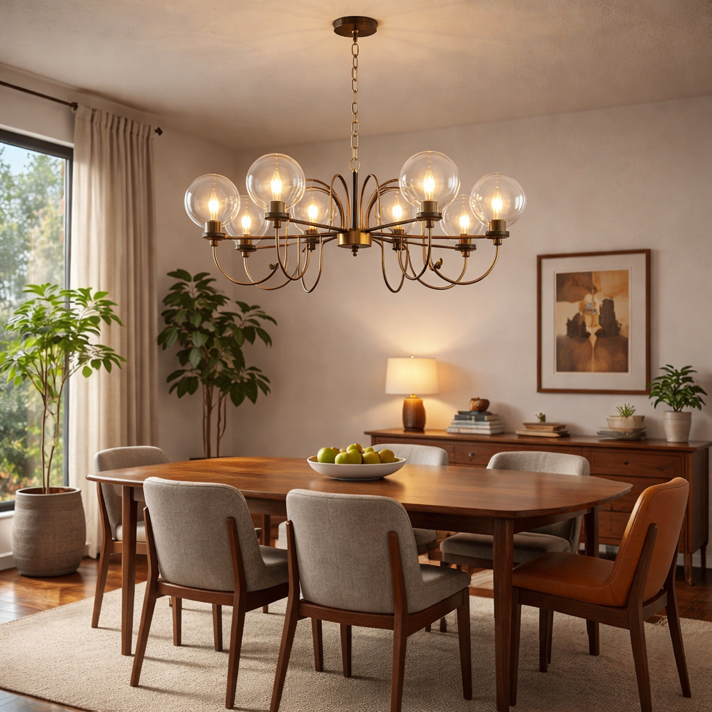 Dining room with wooden table, chairs, and a chandelier.
