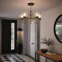 Modern chandelier hanging in a stylish room with a mirror, table, and plants.