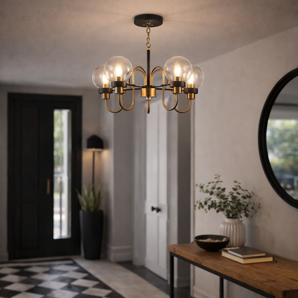 Modern chandelier hanging in a stylish room with a mirror, table, and plants.