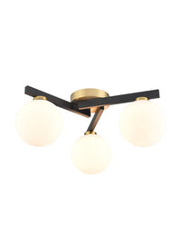 A black and gilt asymmetric light fitting. The three opaque globe lights sit on 3 black struts linked by gilt metal central rose. A really bright and contemporary pendant, adding an interesting, chic modern look to the smallest rooms