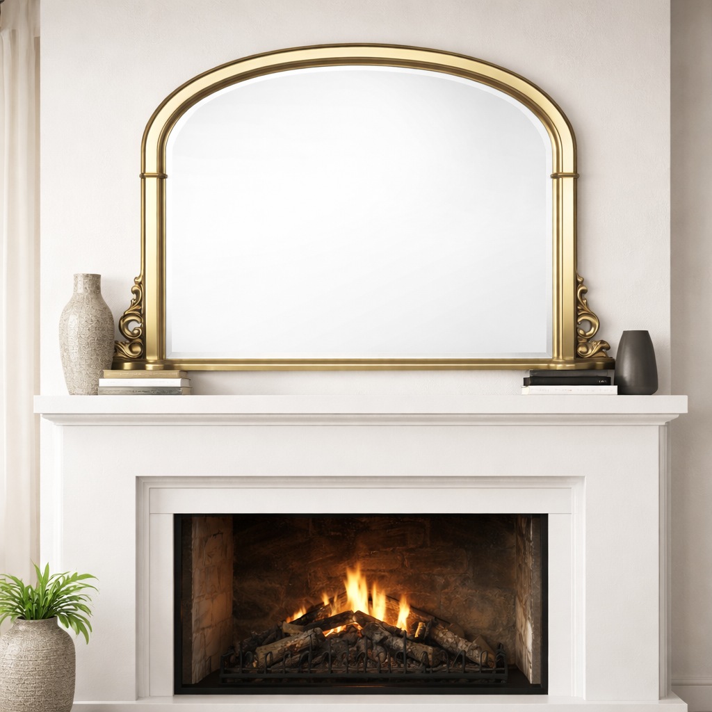 White fireplace with a gold mirror above it, featuring a small fire.