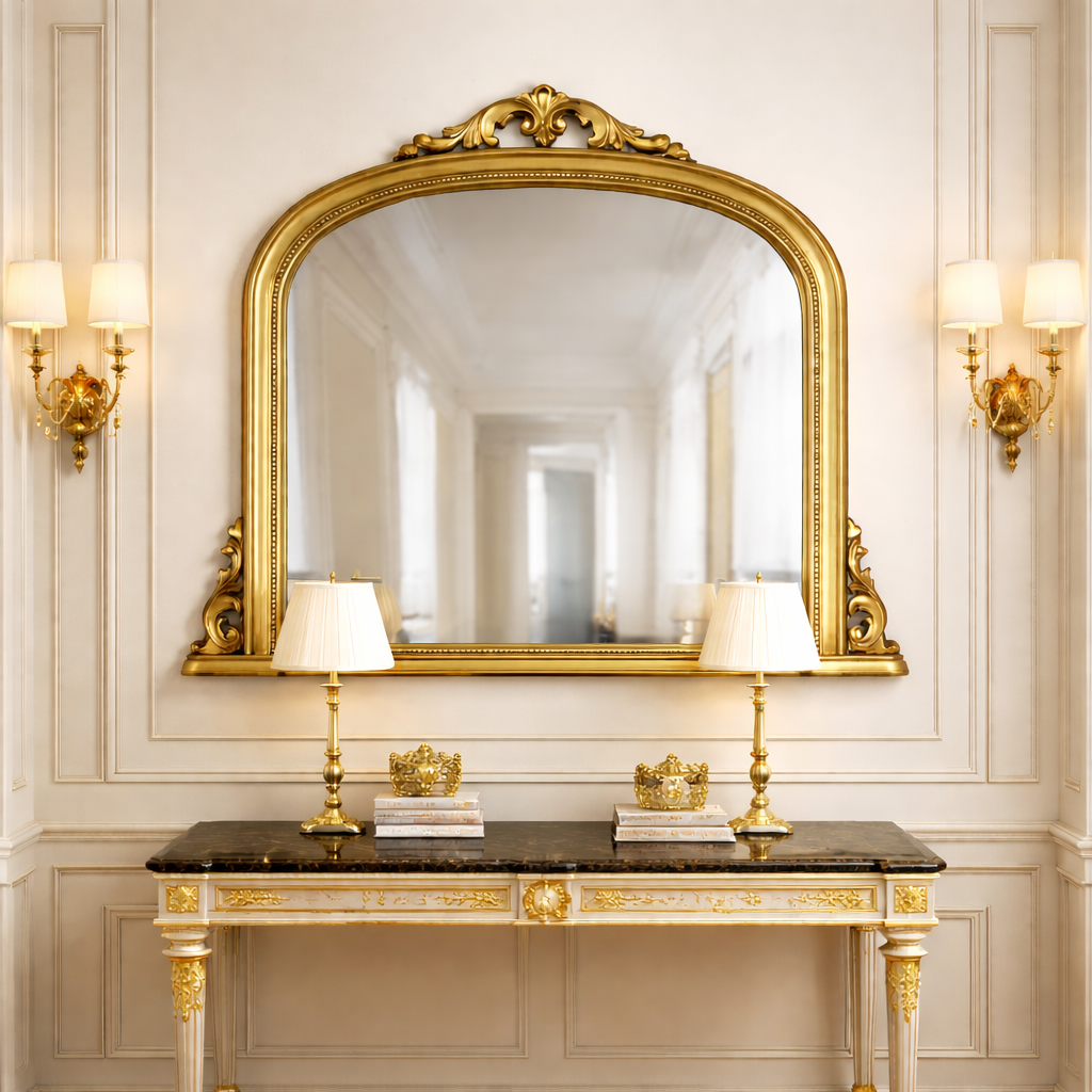 Decorative gold-framed mirror above a marble console table with lamps and crowns.