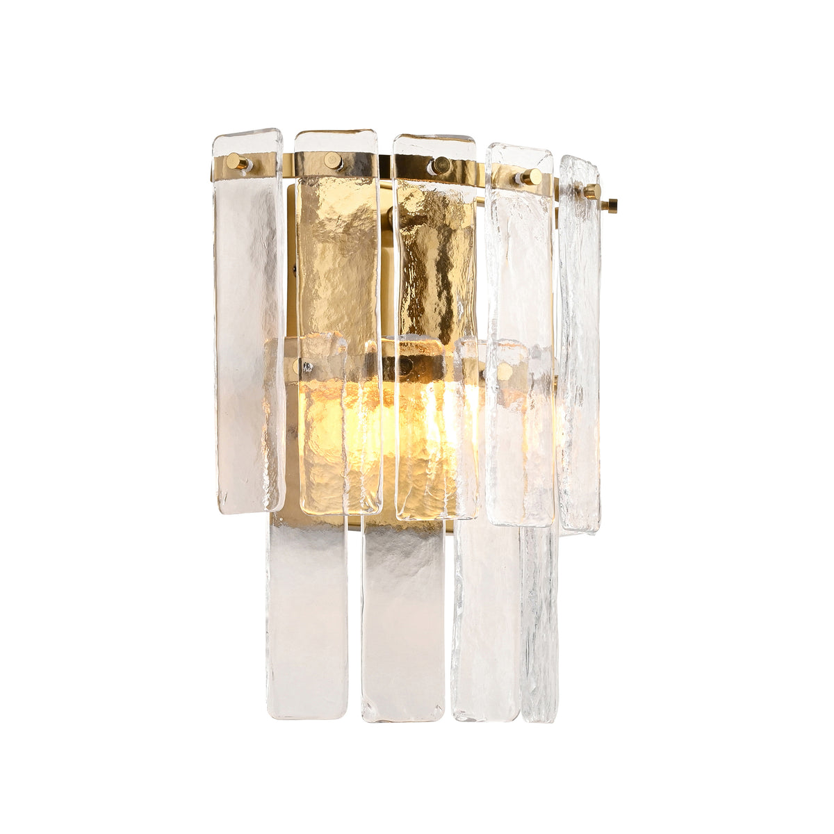 Wall light with textured glass panels and a warm gilt metal frame.