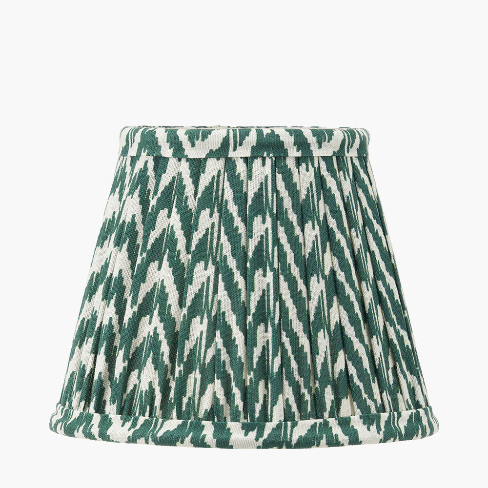 16cm pleated lampshade in green and ivory patterned pattern with hand-finished rolled edges.