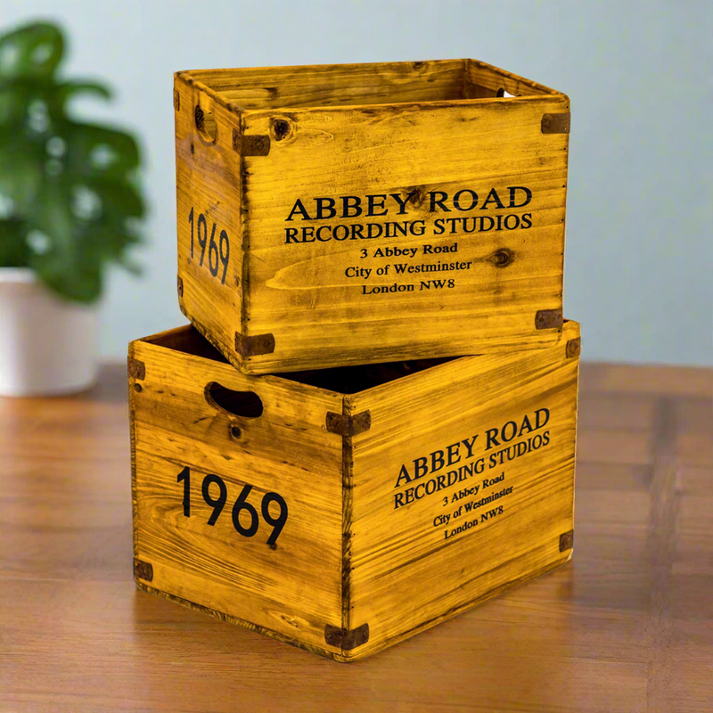 Vinyl record crates with Abbey Road inscription. Two different sizes perfect for your vinyl collection or anything else you wish to store in these vintage style boxes.
Wooden crates can serve as stylish and functional storage solutions for organizing items like books, office supplies, or tools.