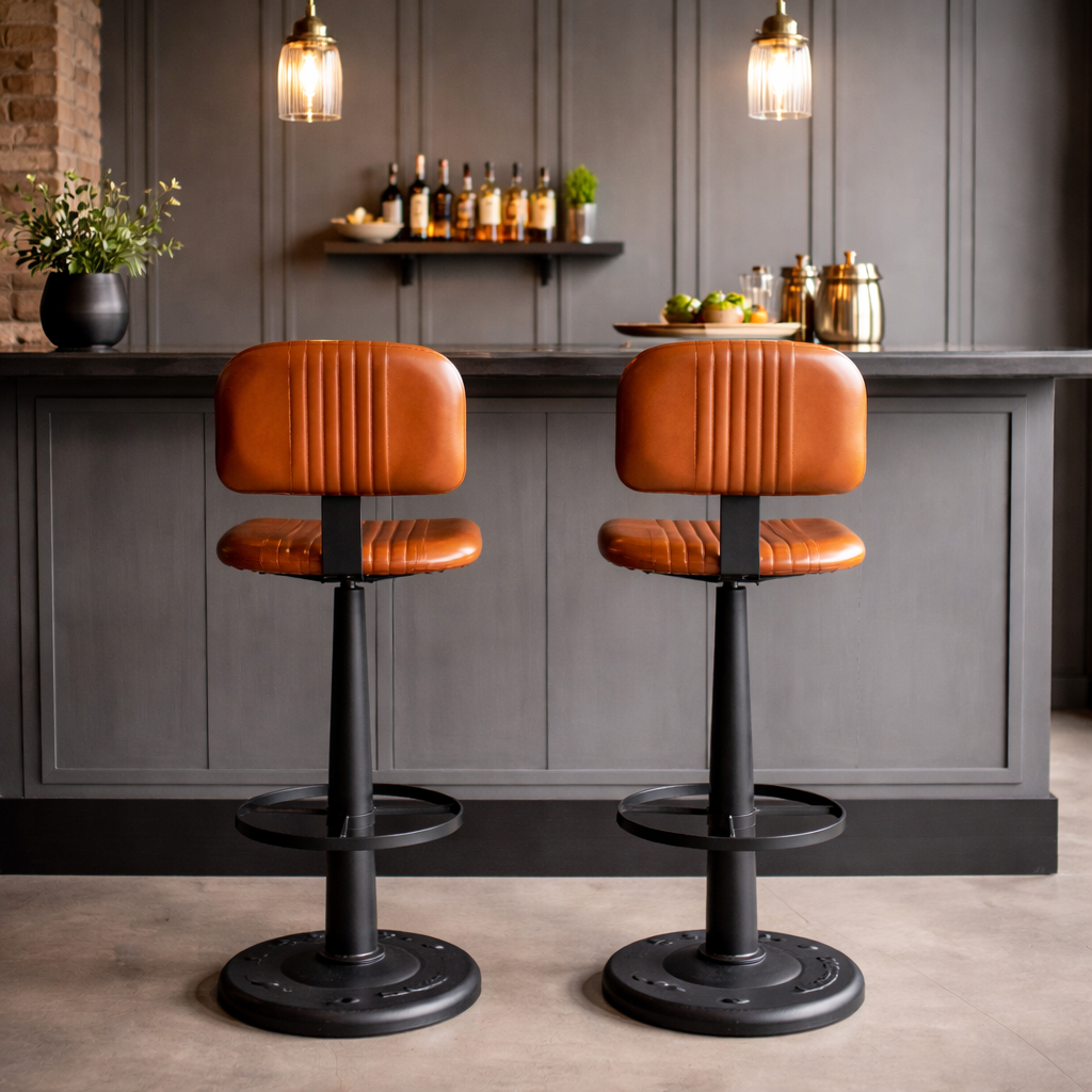 Two tobacco leather bar stools in a kitchen setting with a shelf of bottles and decor.