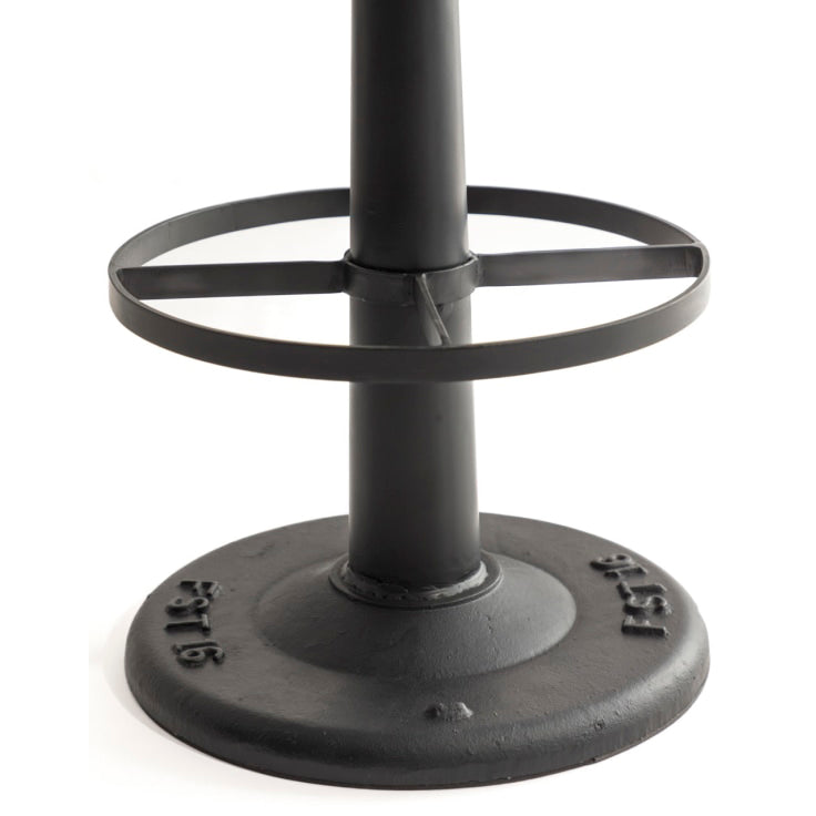 Brown leather bar stool on an iron black metal base and seat that swivels. A vintage look. Stylish and functional. A choice for home bars, kitchens, or commercial spaces like pubs 