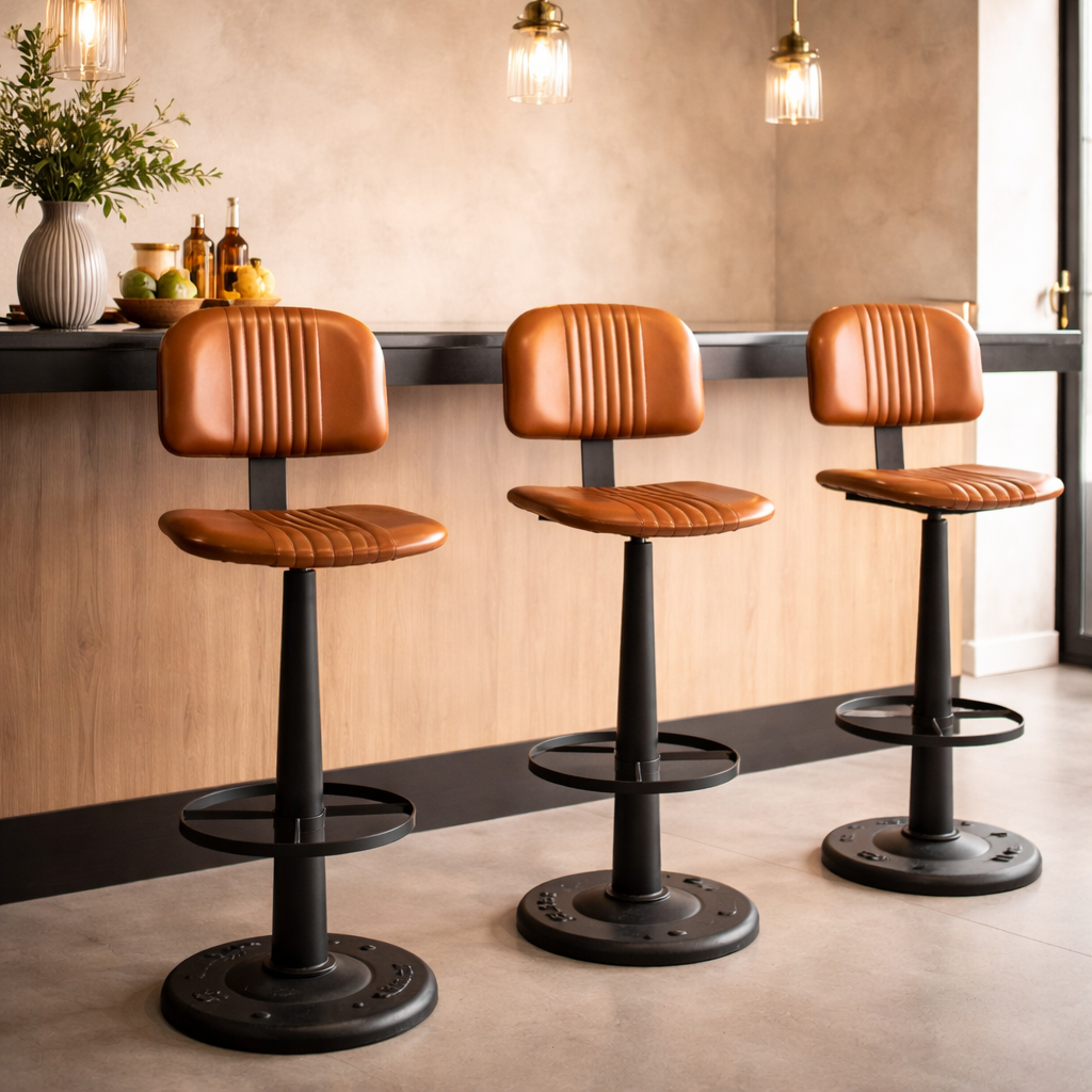 Three brown leather bar stools with black metal legs in a modern kitchen setting.