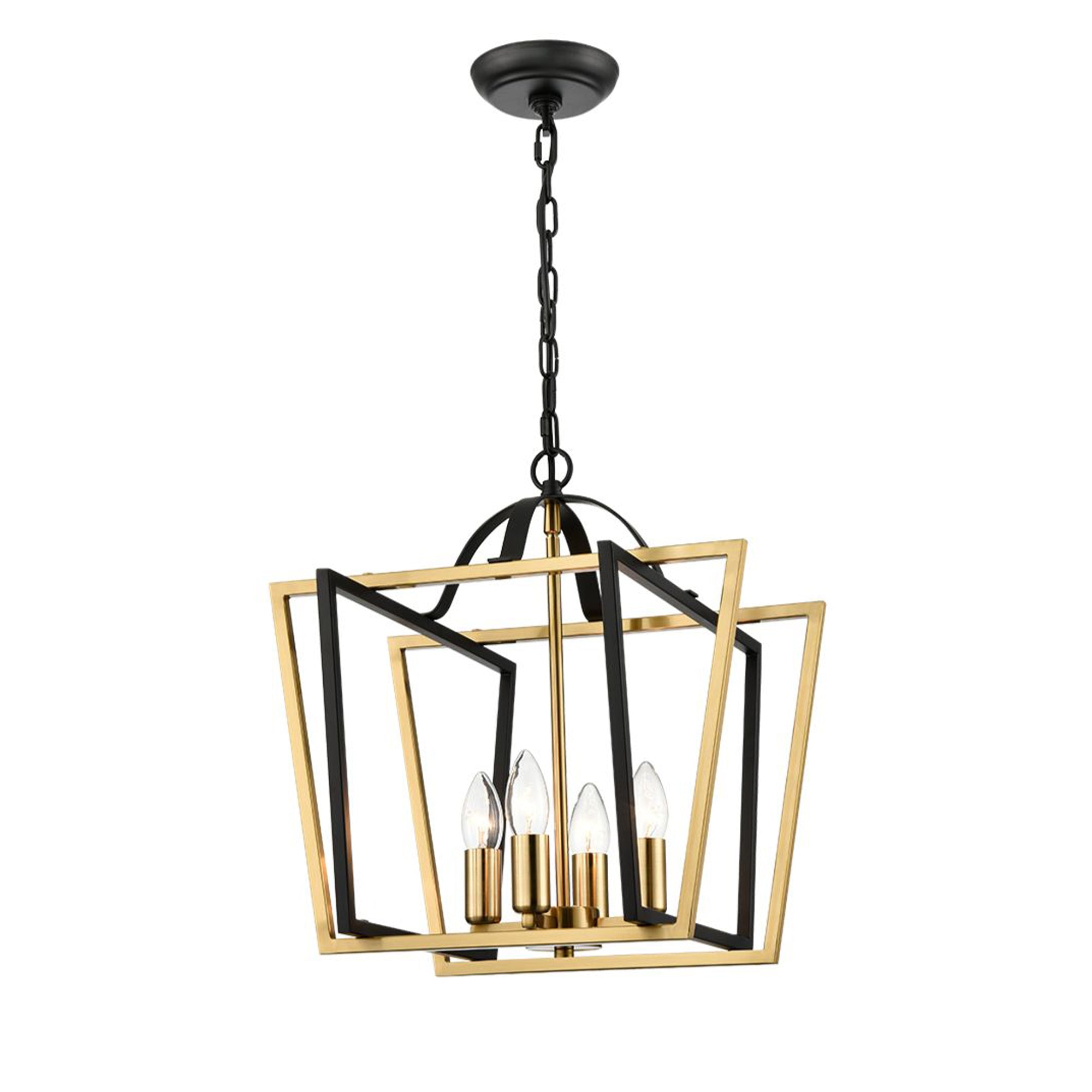 Modern black and gold geometric chandelier with four candle-style bulbs suspended from ceiling in a bright contemporary living room.