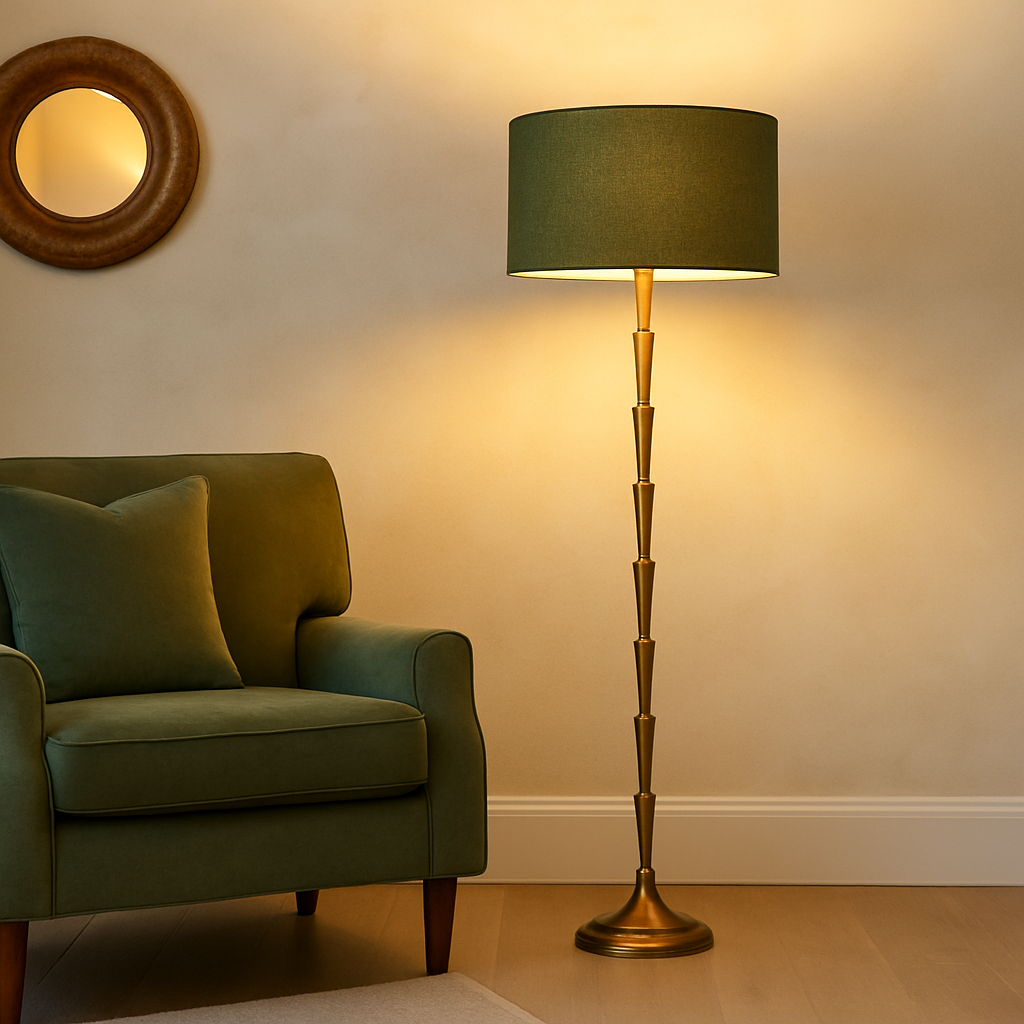 Mid-century modern floor lamp with gold tiered base and dark fabric drum shade beside a green velvet armchair.