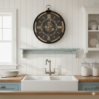 Large moving cog clock  in black, wood and metal frame. Industrial clock for a hall or kitchen