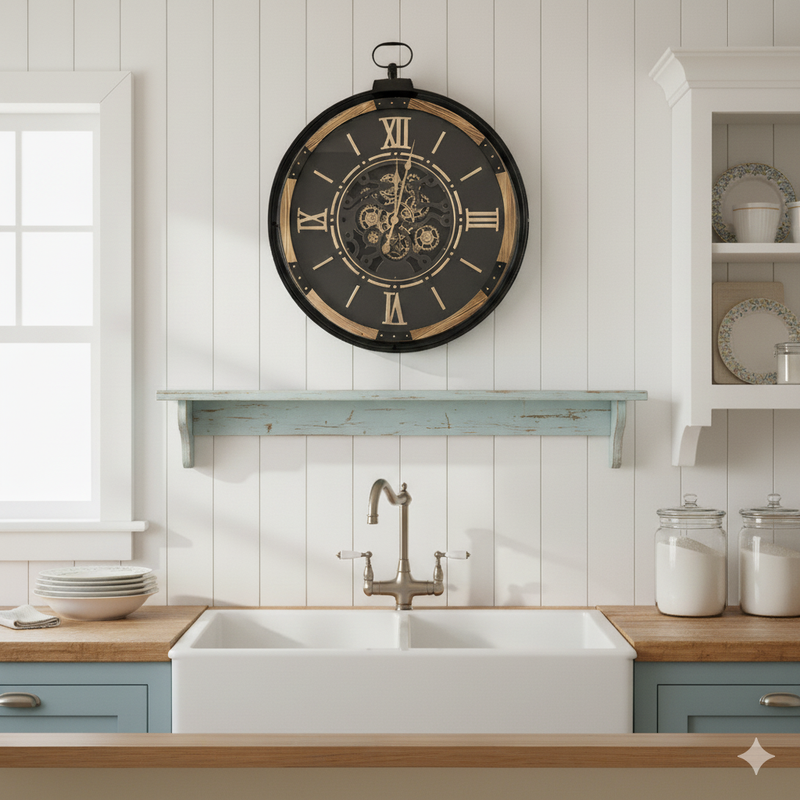 Large moving cog clock  in black, wood and metal frame. Industrial clock for a hall or kitchen