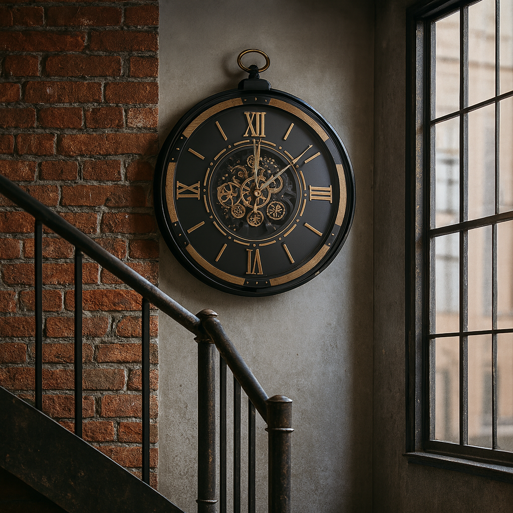 Large moving cog clock  in black, wood and metal frame. Industrial clock for a hall or kitchen