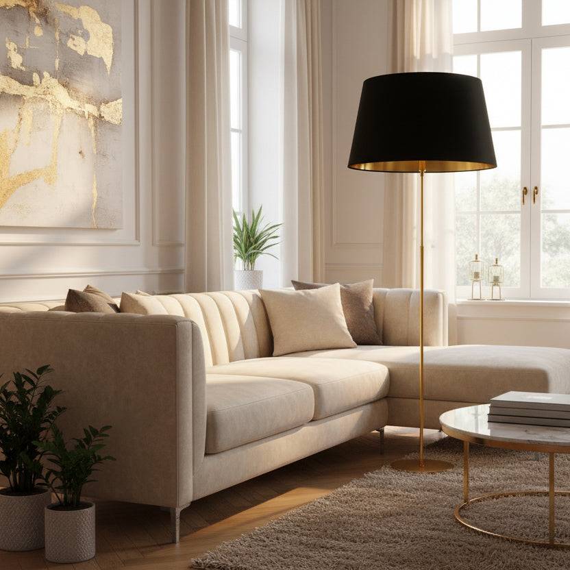 Modern living room with beige sectional sofa, black floor lamp, and decorative elements.