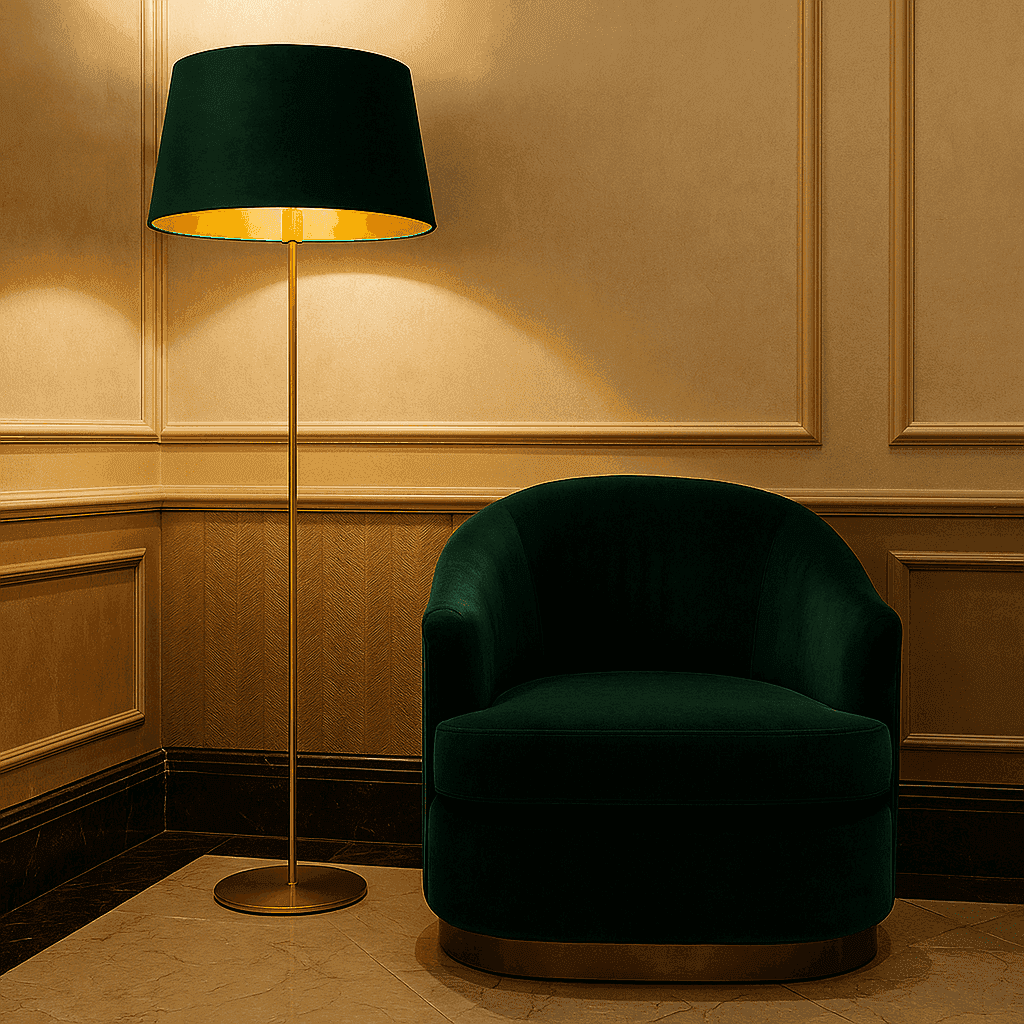 Dark green armchair and floor lamp against a beige wall.