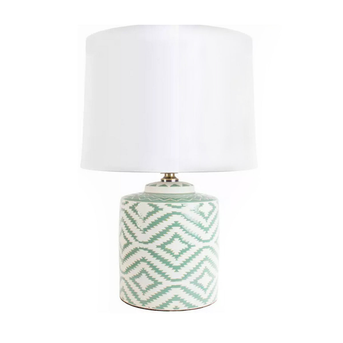 A stylish mint green ceramic table lamp featuring a tribal diamond pattern and a white linen drum shade, ideal for modern and bohemian home decor.