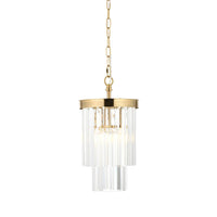 Elegant small pendant light with cascading clear lozenge glass prisms and a warm gold-finished frame, suspended by a chain.
