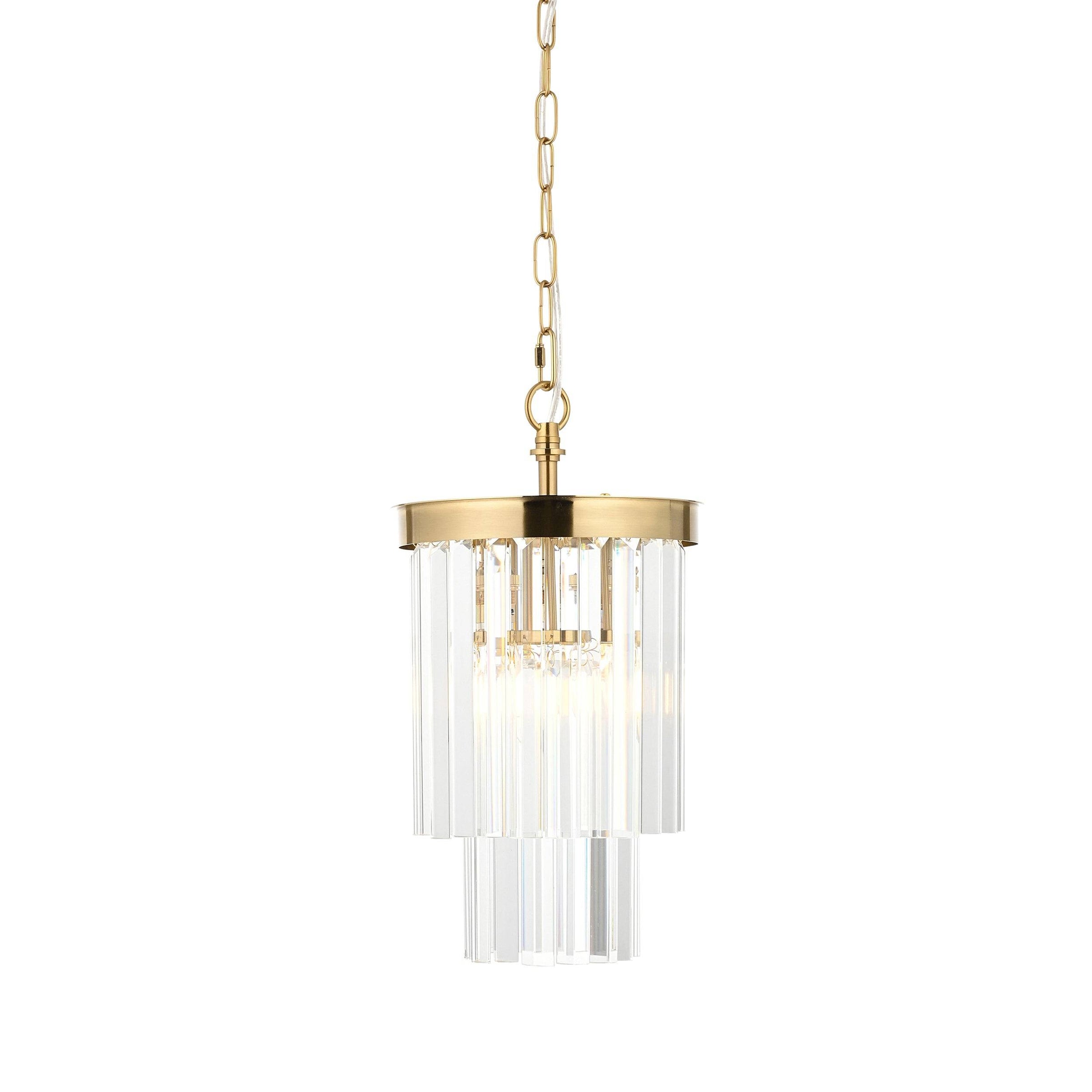 Elegant small pendant light with cascading clear lozenge glass prisms and a warm gold-finished frame, suspended by a chain.