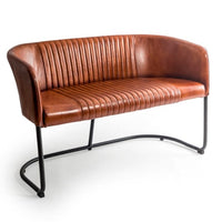 Mid-century modern brown leather 2-seater bench with ribbed upholstery and black metal legs