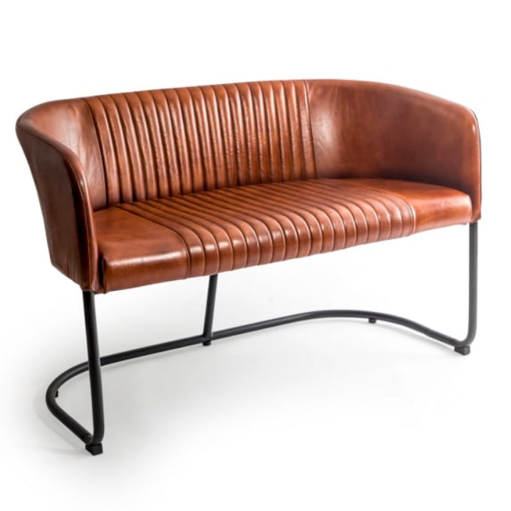 Mid-century modern brown leather 2-seater bench with ribbed upholstery and black metal legs
