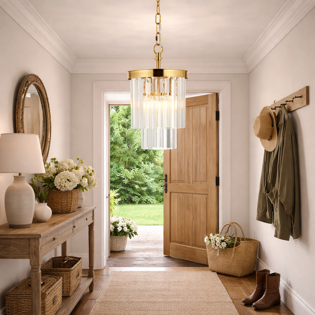 Nestled entryway with a wooden console table, floral arrangements, and a gold pendant light.