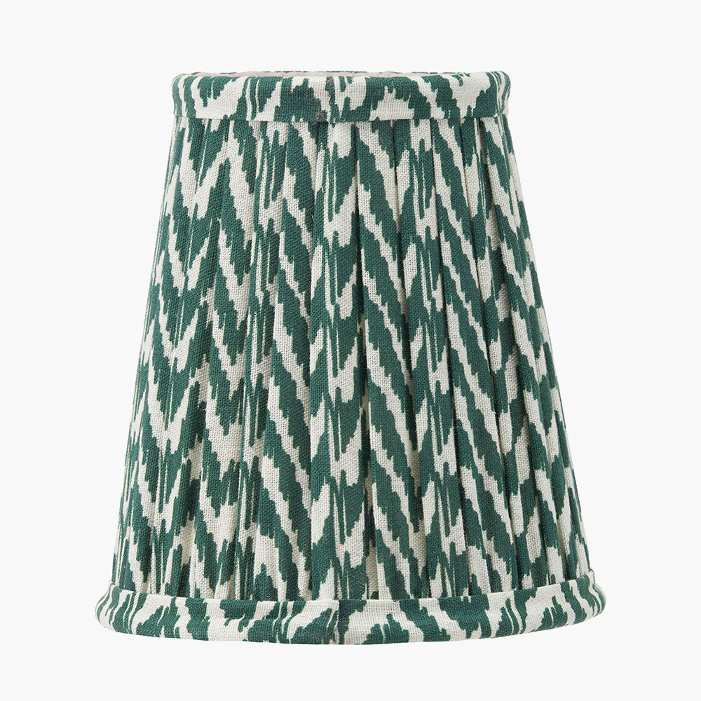 Tapered green and white pleated lampshade with classic candle clip fitting and hand-finished trim.