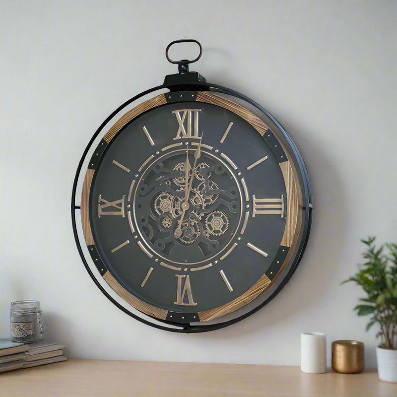 Large moving cog clock  in black, wood and metal frame. Industrial clock for a hall or kitchen