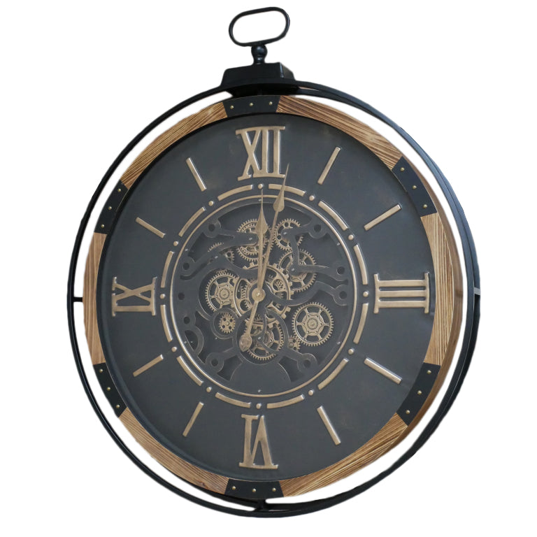Large moving cog clock  in black, wood and metal frame. Industrial clock for a hall or kitchen