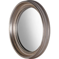Detailed angled frame on large silver convex mirror, plain background.