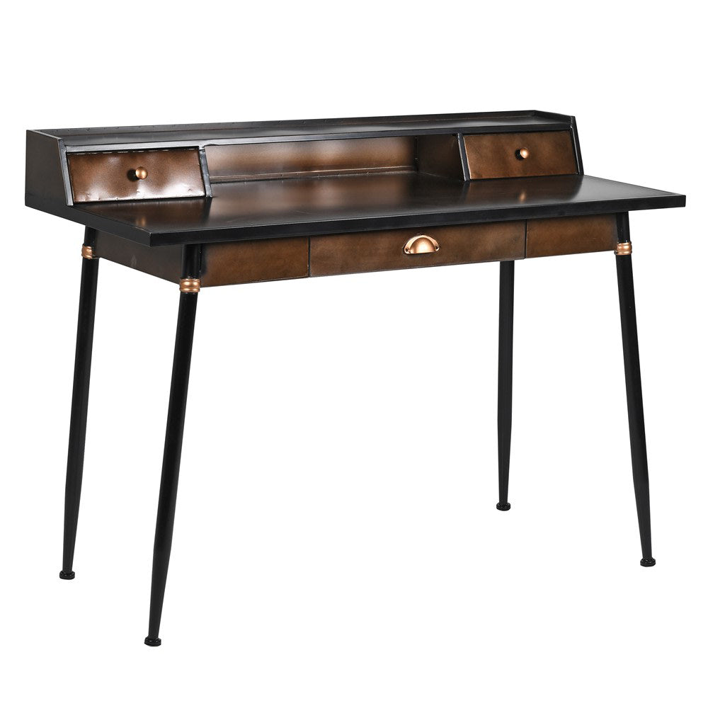 A two drawer desk in an industrial finish. A classic, traditional look in black and burnished brown metal perfect in a library or reading room. A substantial desk, made to last in a very stylish finish. Perfect in an office or library.