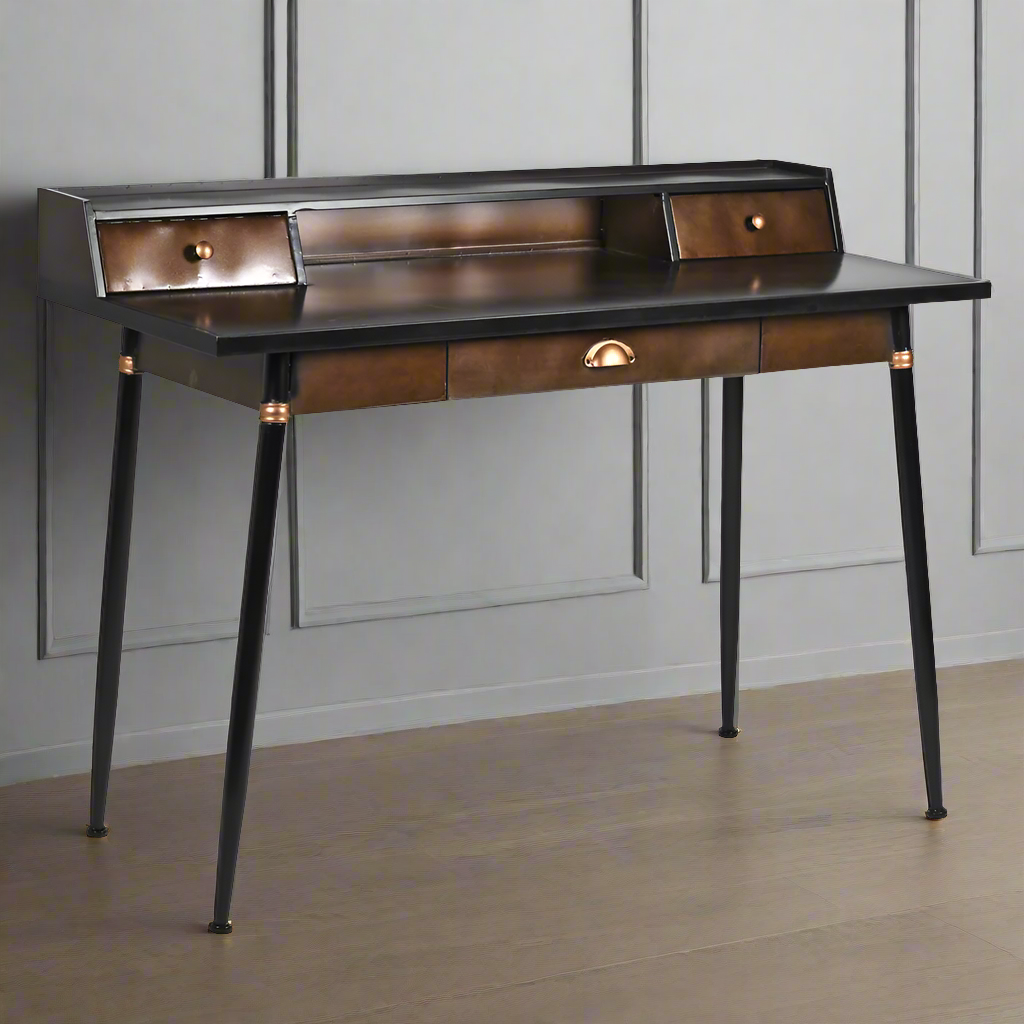 A two-drawer desk with an industrial style finish, featuring black and burnished brown colors, with the desk open to show the interior.