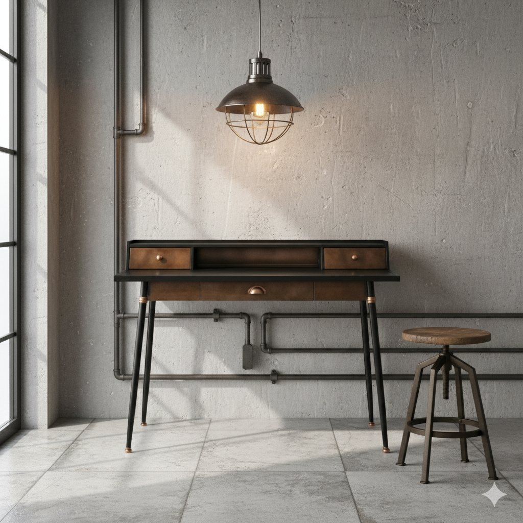 A two drawer desk in an industrial finish. A classic, traditional look in black and burnished brown metal perfect in a library or reading room. A substantial desk, made to last in a very stylish finish. Perfect in an office or library.