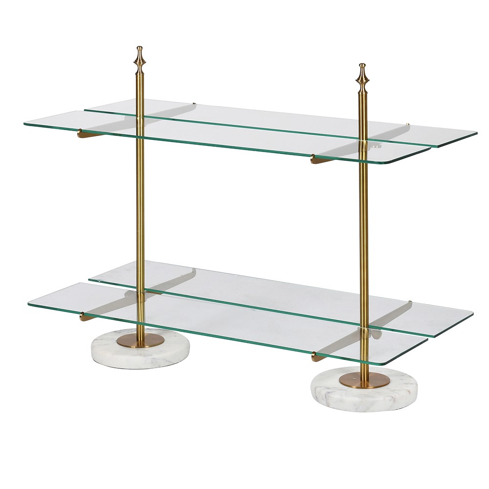 A brass, glass and marble table top shelving unit.&nbsp; Rectangular glass shelves sitting on a brushed brass stand.&nbsp; The two tier shelf sits on a table to display all your most decorative objet d'art.&nbsp; A perfect retail shelf for jewelry, perfume or accessories,&nbsp; Two brass poles set into round marble feet hold the brass struts for the glass shelving.&nbsp; In your bathroom, bedroom or in a retails pace the perfect way to show off all your prized items.