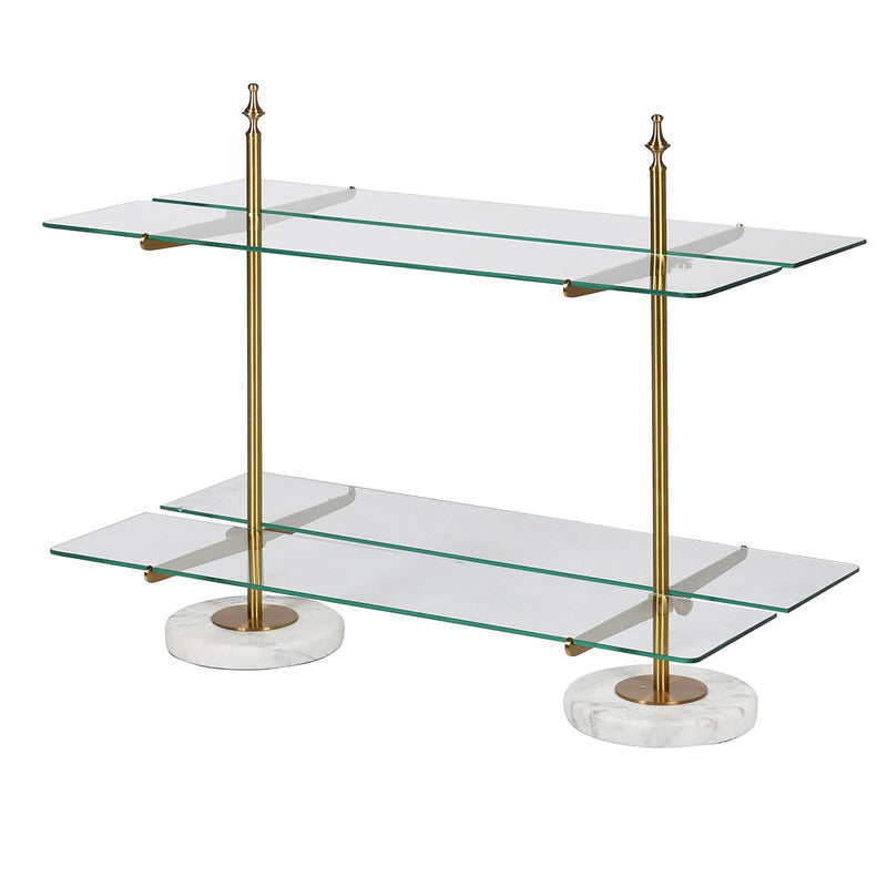 A brass, glass and marble table top shelving unit.&nbsp; Rectangular glass shelves sitting on a brushed brass stand.&nbsp; The two tier shelf sits on a table to display all your most decorative objet d'art.&nbsp; A perfect retail shelf for jewelry, perfume or accessories,&nbsp; Two brass poles set into round marble feet hold the brass struts for the glass shelving.&nbsp; In your bathroom, bedroom or in a retails pace the perfect way to show off all your prized items.