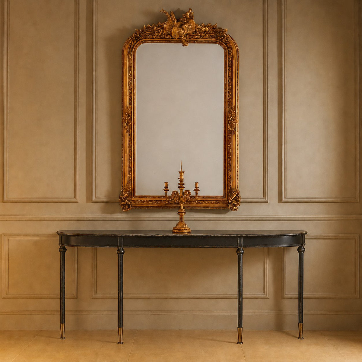 Black metal console table in a period house setting