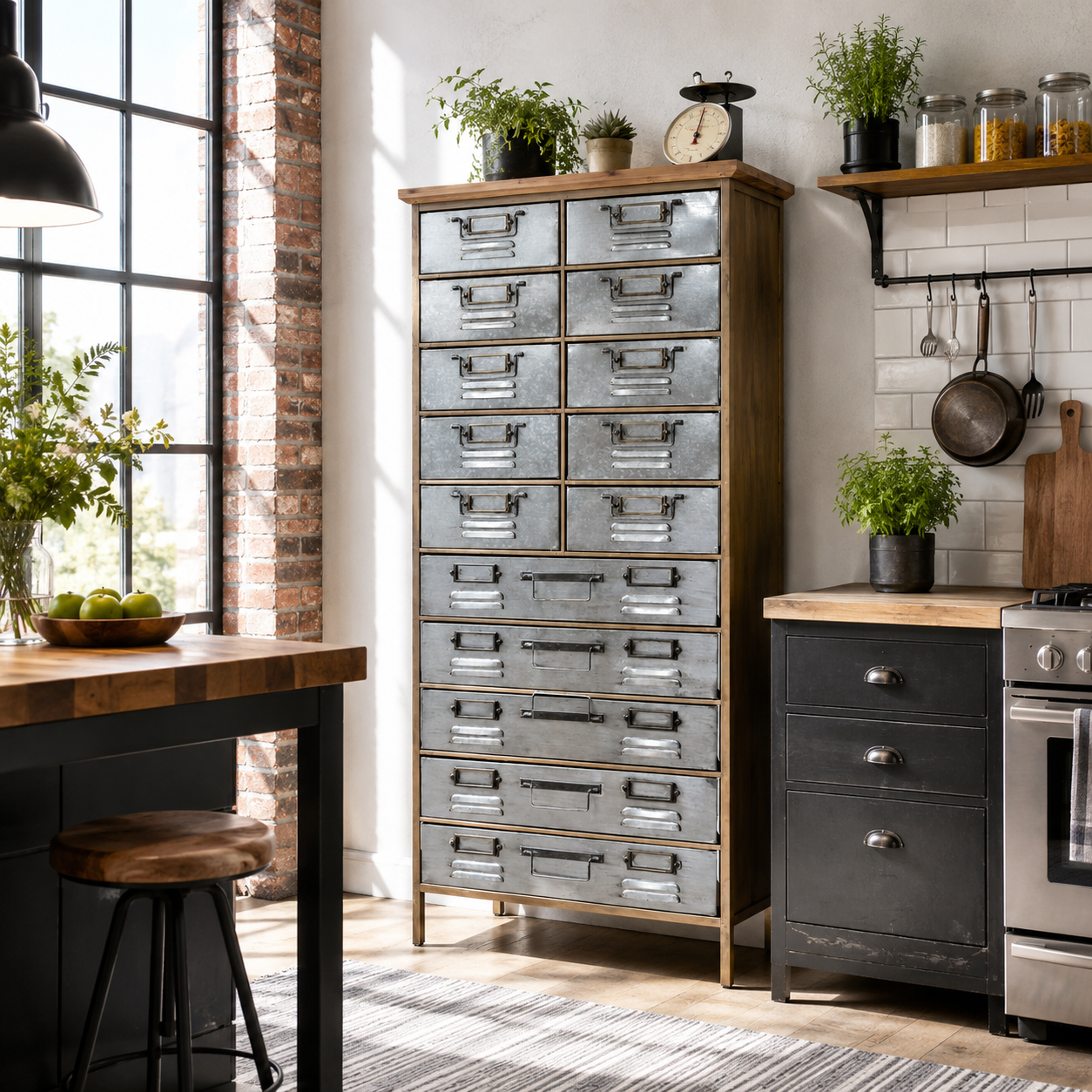 Bank of steel industrial drawers in a country style kitchen, with rug on floor, stool, oven and lighting.