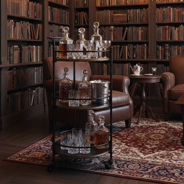 Black metal serving cart with gold accents in a library room 