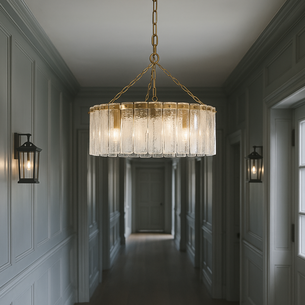 Elegant five‑light chandelier with vertical textured glass panels and a gilt metal frame, suspended by a chain in a hallway.