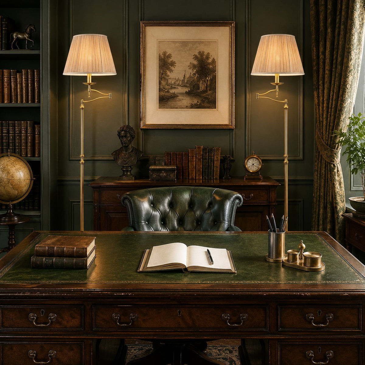 Pair f extendable arms brass floor lamp in a n office situ, with a director's style leather topped desk.
