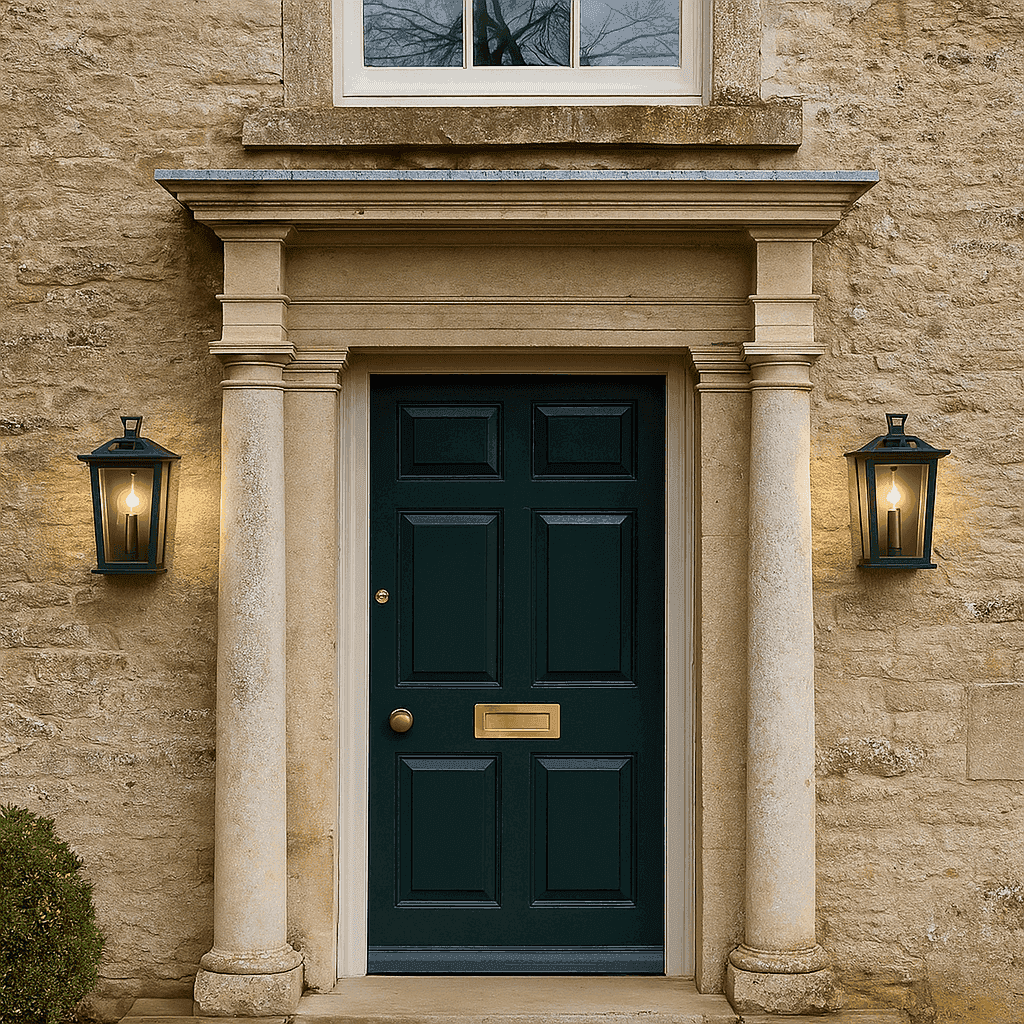 Two exterior lantern lights either side of a country house door with coloumns.