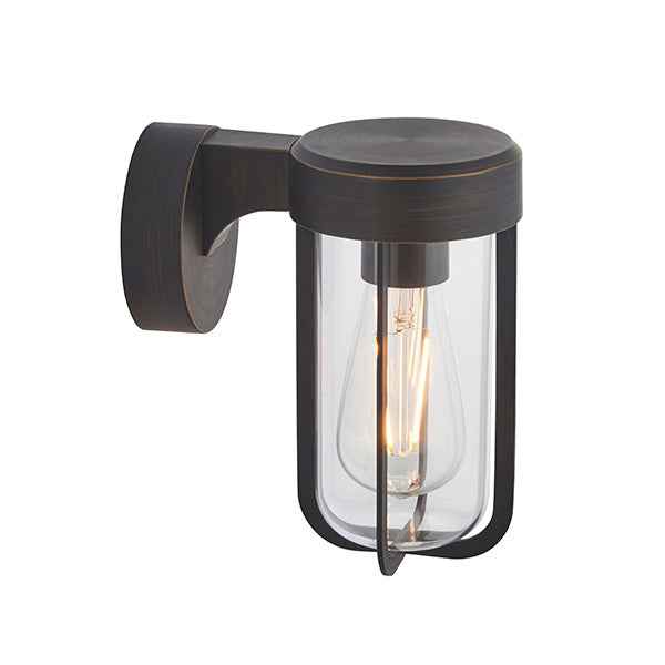 Outdoor wall light fixture with clear glass shade on a white background