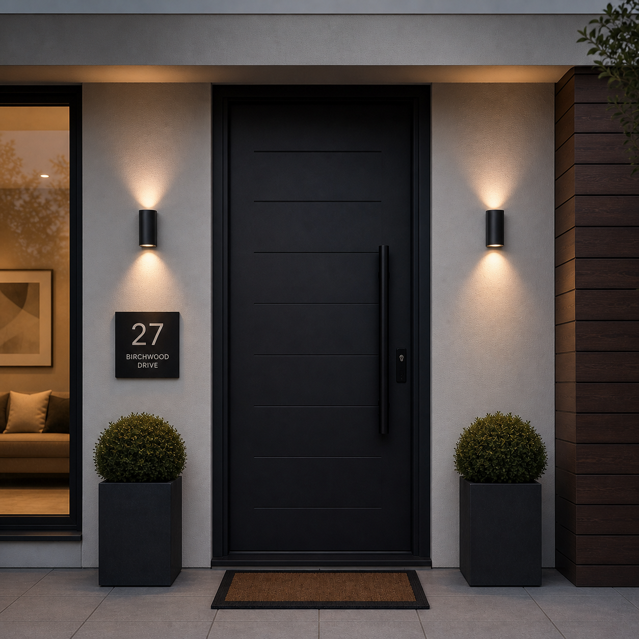 Wall lights illuminating he entrance of a contemporary main door and entrance area.