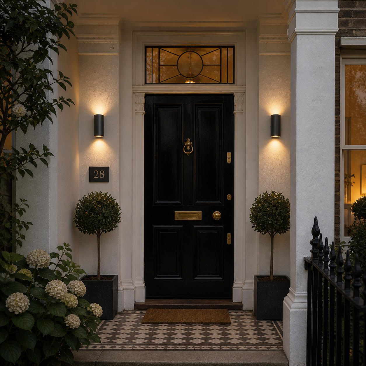 Exterior wall lights either side of a traditional main door in a covered porch area.