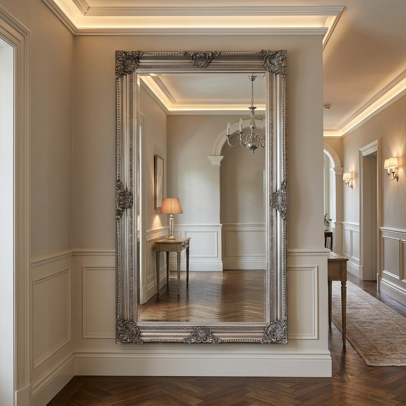 extra large silver ornate mirror in a hallway