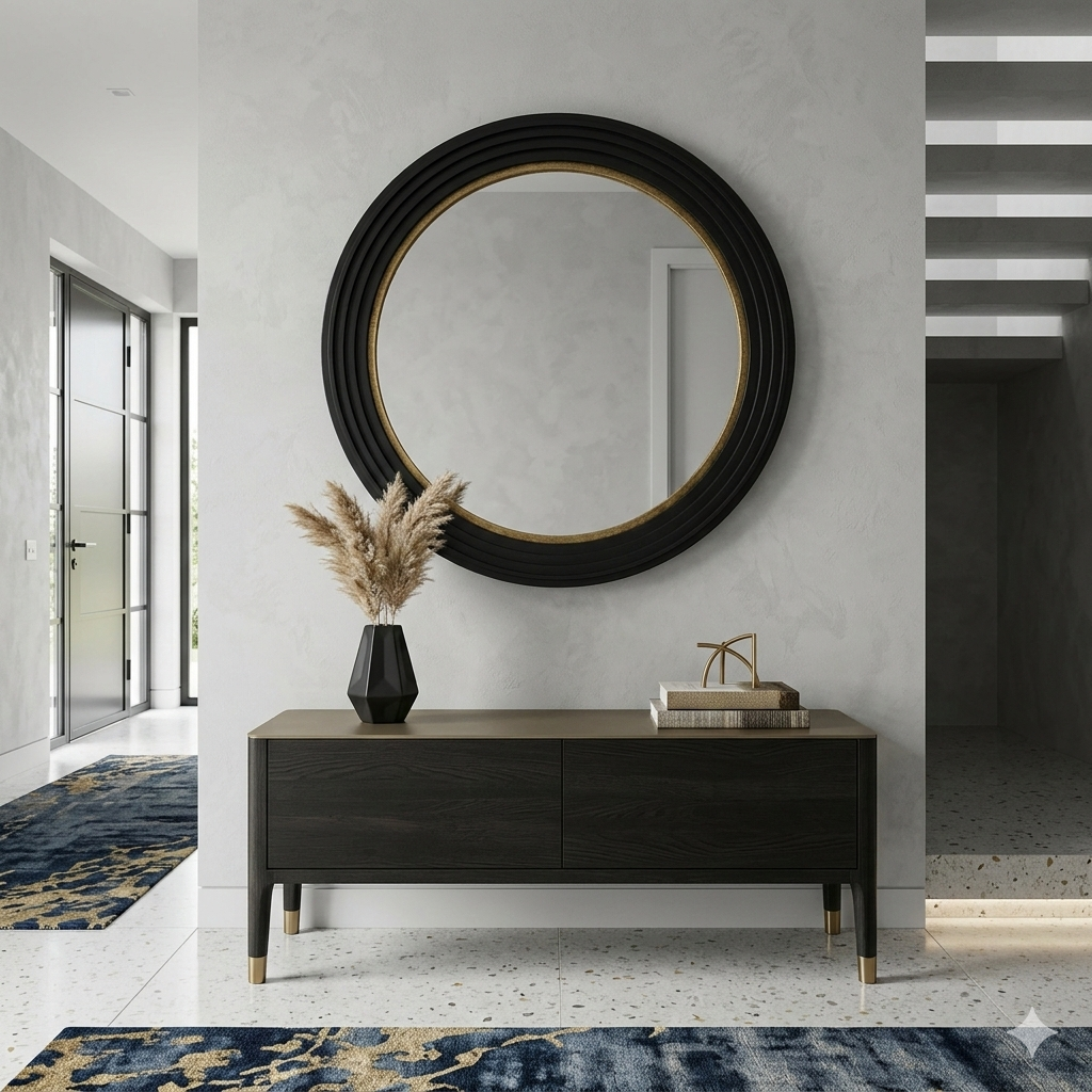 Round mirror with black frame above a dark wooden console table in a modern interior setting.