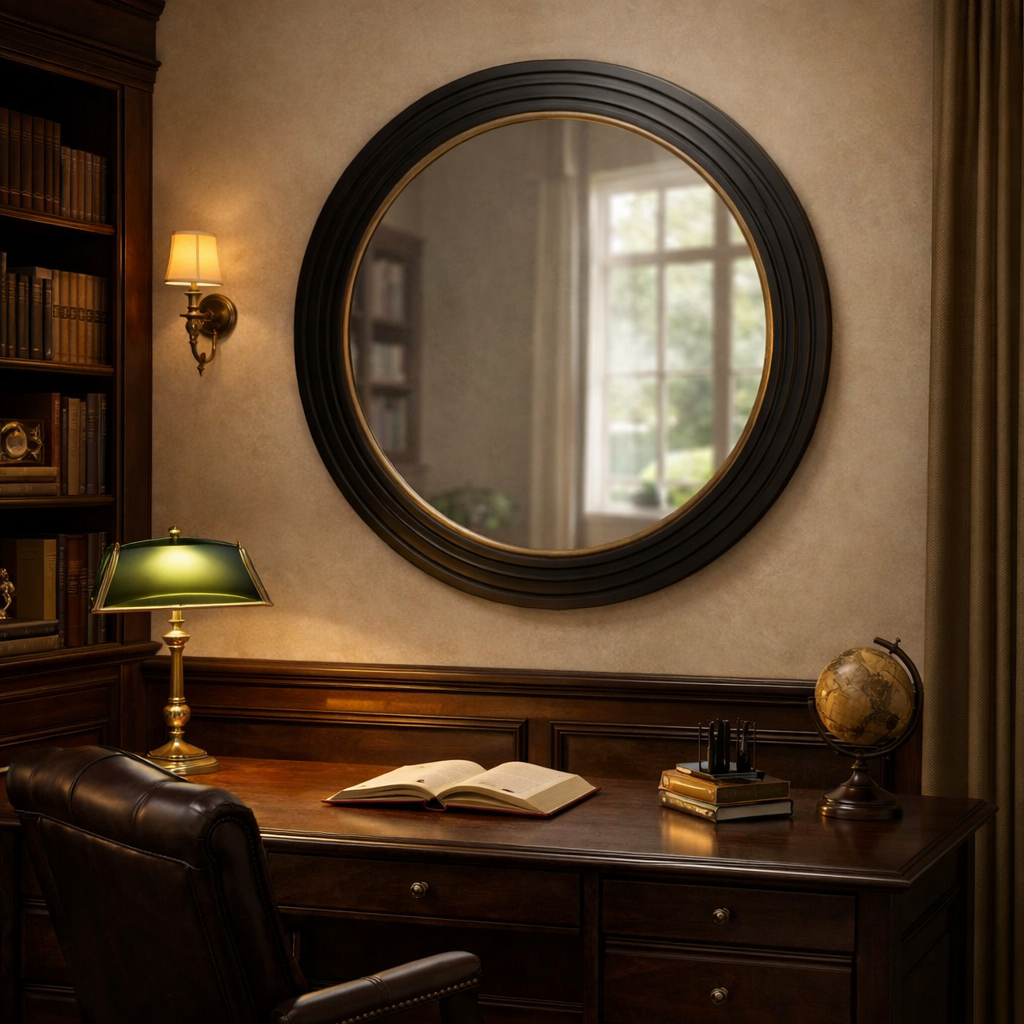 Wooden desk with round mirror, lamp, and books in a cozy room.